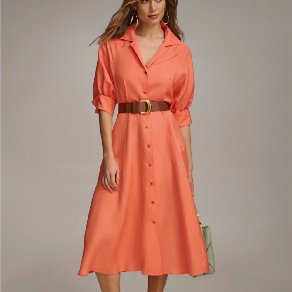 Donna Karan 14 Coral Button-Front Midi Shirtdress w Pockets & Belt